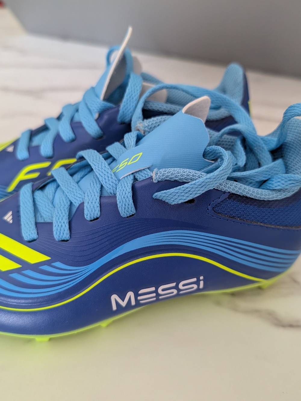 adidas Kids' Messi Soccer Sneakers in Blue and Neon Yellow